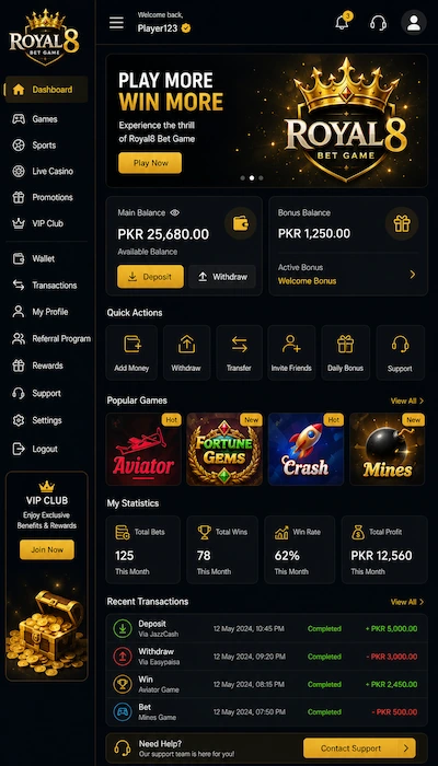 royal8 bet game dashboard image