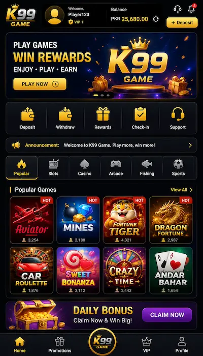 K99 Game dashboard with games and rewards system