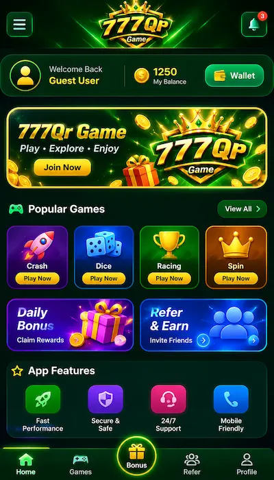 777Qr Game Dashboard – Android App Interface 2026
