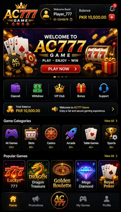 AC777 Game mobile dashboard interface with gaming categories and popular games