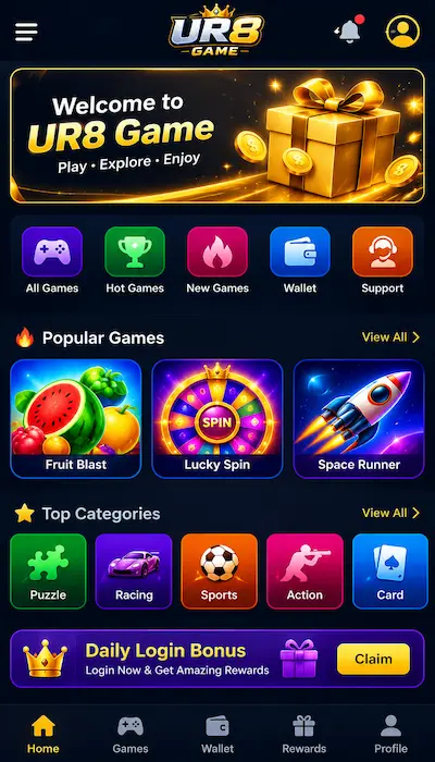 UR8 Game dashboard interface showing the home screen, game categories, wallet, rewards, and modern Android gaming app layout.