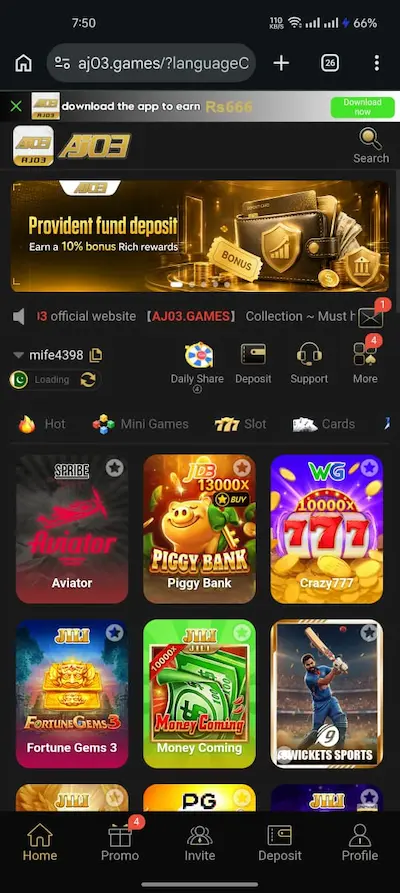 AJ03 Game dashboard showing game categories and mobile navigation